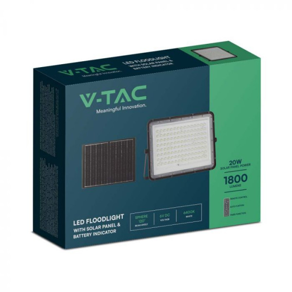 VT-180W (7828) naświetlacz solarny LED 20W1800lm 4000K  z czujnikiem zmierzchu- panel z przewodem 3m pilot bateria 16000mAh ob