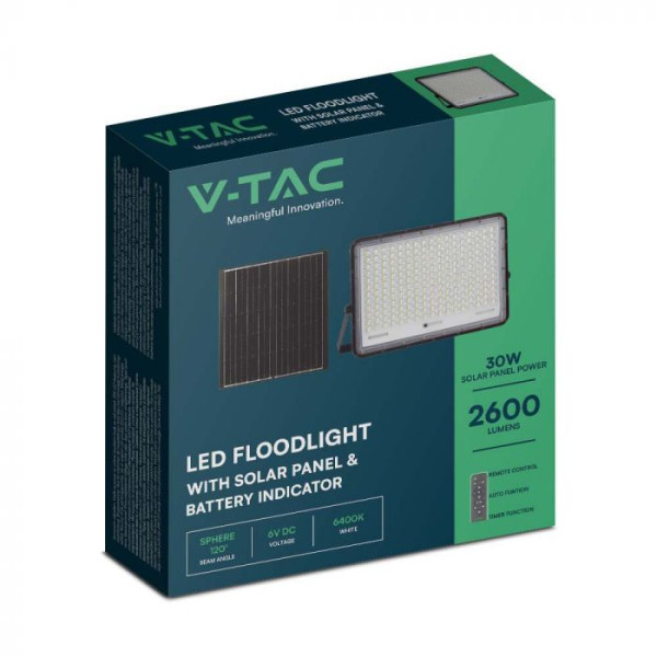 VT-240W  (7830) naświetlacz solarny LED 30W 2600lm 4000K z czujnikiem zmierzchu, panel z przewodem 3m pilot bateria 20000mAh ob