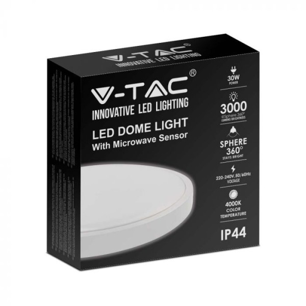VT-8630S-W-RD (7665) plafon LED 30W 3000lm 4000K  z mikrofalowym czujnikiem ruchu śr. 420mm klosz okrągły mleczny biała ramka I