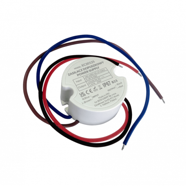 Zasilacz dopuszkowy LED 20W 12V 1,67A  IP67 EC20125