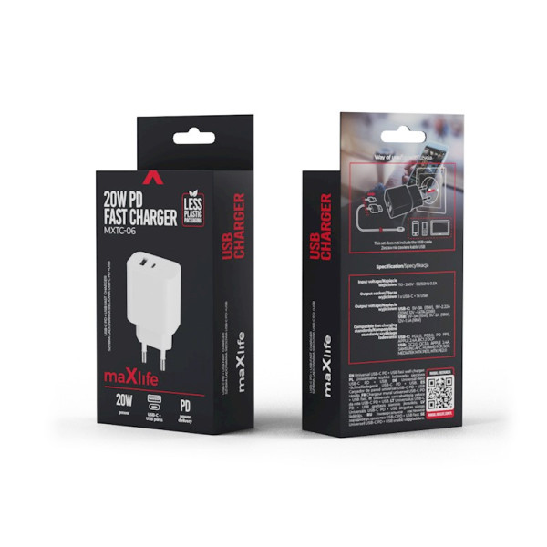 Ładowarka sieciowa 30W USB-C + 1x USB, biała - Maxlife MXTC-06