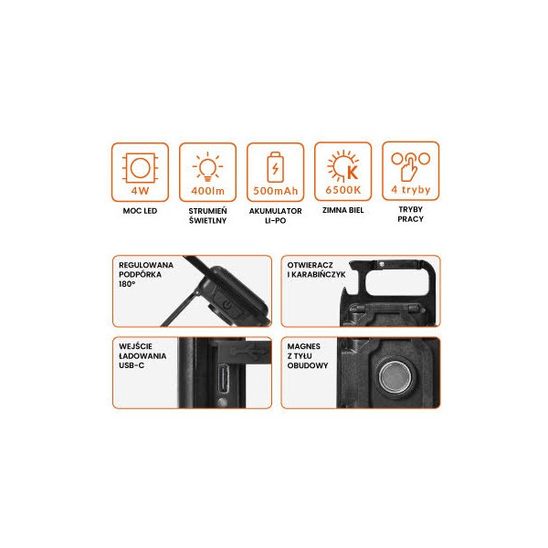 Mini latarka LED - brelok, 
akumulatorowa, max. 400lm, aku.500mAh, LT-17 
