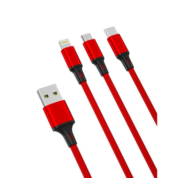 Kabel USB 3w1: Lightning + USB-C + microUSB, dł.1,2m, 2,4A czerwony, nylonowy oplot - XO NB173