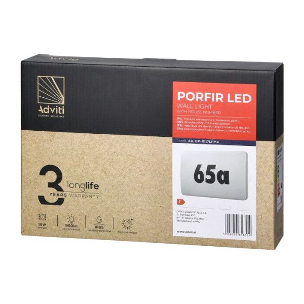 PORFIR LED 12W, oprawa oświetleniowa z numerem domu, 950lm, IP65, 4000K, IK10, czujnik zmierzchu