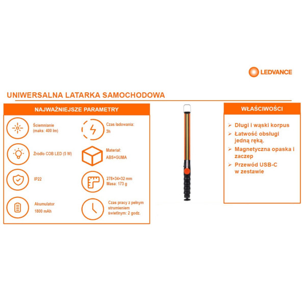 latarka akumulatorowa samochodowa 5W 400lm FLASHLIGHT CAR RECHARGE MULTI-USE LEDVANCE