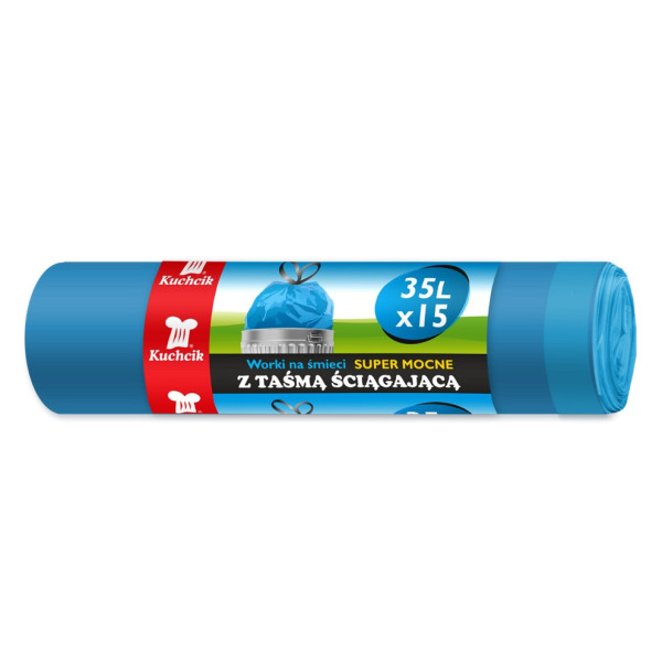 Kuchcik, Worki na śmieci 35L HDPE super mocne z taśmą ściągającą niebieskie, 15 szt. [2851]