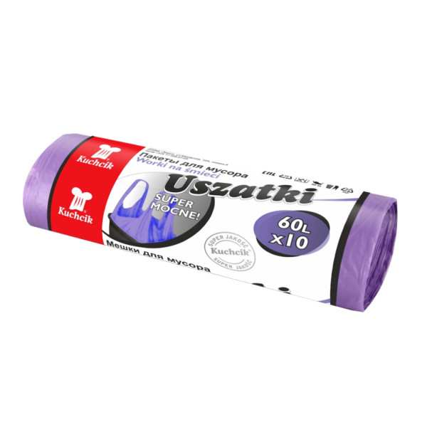 Kuchcik, Worki na śmieci 60L HDPE uszatki fioletowe, 10 szt. [2882]