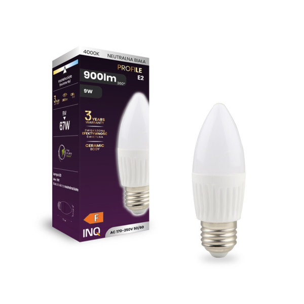 Żarówka LED E27 9W (zamiennik 67W) 900lm - świeczka 230V 4000K (neutralna-biała) - ELB102NW PROFILED INQ