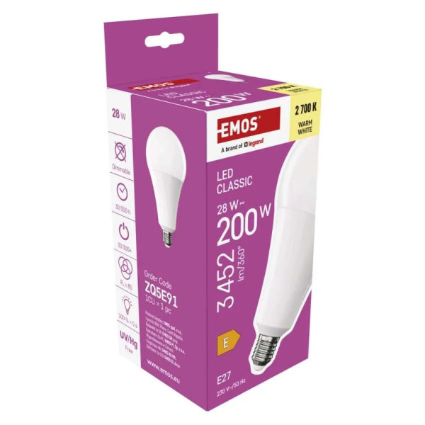 Żarówka LED E27 28W (zamiennik 200W) 3452lm - A95 230V 2700K (ciepło-biała) - ZQ5E91 EMOS
