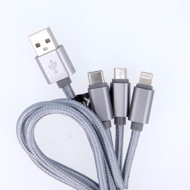 Maxlife kabel 3w1 USB - Lightning + USB-C + microUSB 1,0m 2,1A szary nylonowy