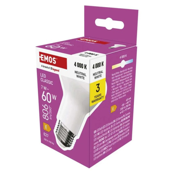 Żarówka LED E27 R63 - 7W (zamiennik 60W) 806lm - 230V 4000K (neutralno-biała) - ZQ7E43 Emos