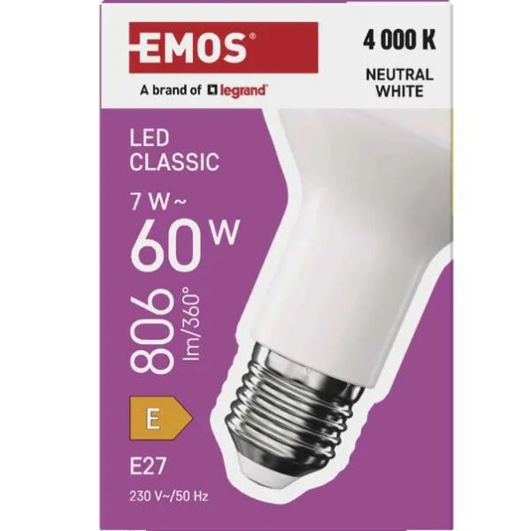 Żarówka LED E27 R63 - 7W (zamiennik 60W) 806lm - 230V 4000K (neutralno-biała) - ZQ7E43 Emos