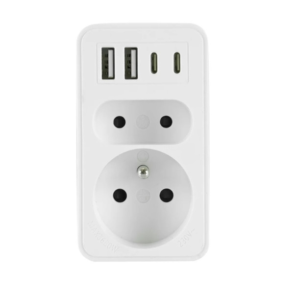 Rozgałęźnik: 1x gniazdo z/u + 1x gniazdo b/u + 2xUSB-A + 2xUSB-C, R-2/2CA/K 