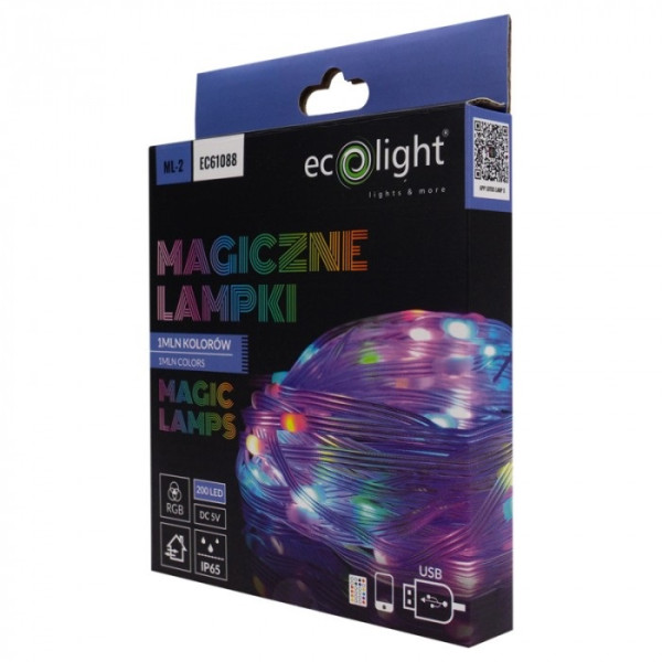 EC61088 Magiczne lampki 1mln kolorów, 200 LED, 10m,  DC5V, pilot + aplikacja
