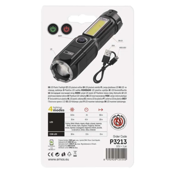 Latarka LED plastikowa 110lm, z zoomem, ładowalna, 1200mAh, P3213