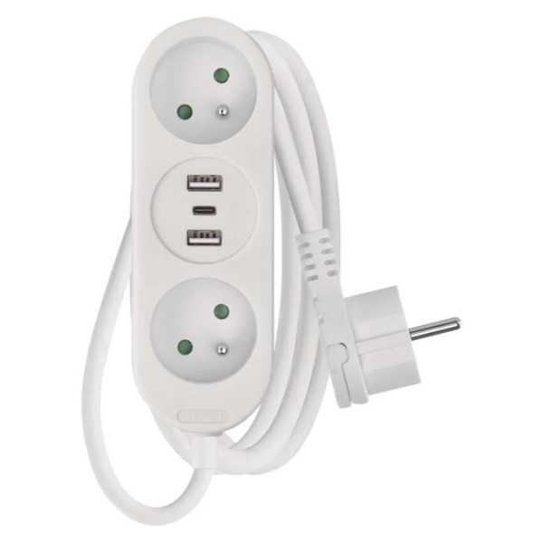 P0211E  Przedłużacz 1,4 m: 2 gniazda + 2×USB-A + 1×USB-C,  biały, 3x1,5 mm2