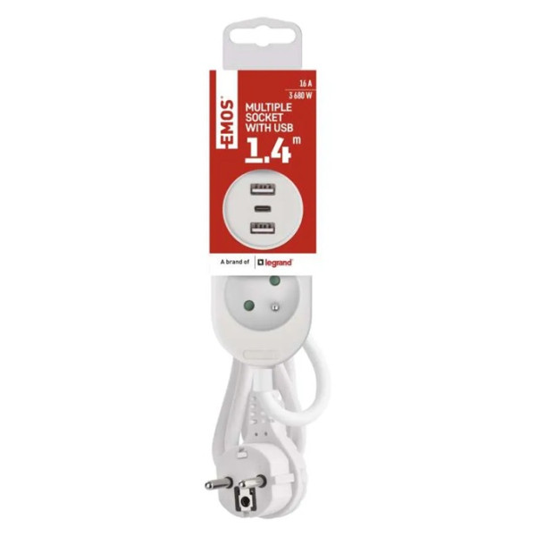 P0211E  Przedłużacz 1,4 m: 2 gniazda + 2×USB-A + 1×USB-C,  biały, 3x1,5 mm2