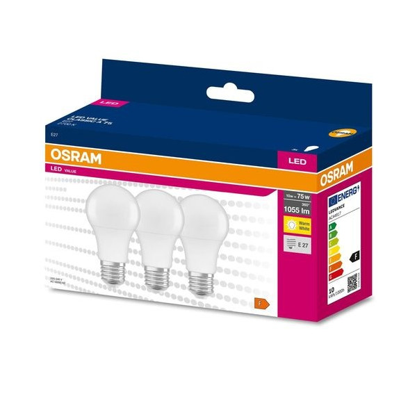 Żarówka LED E27 10W ( 75W) 1055lm A60 230V 2700K (ciepło-biała) - LED VALUE OSRAM (cena za op. 3 szt.)