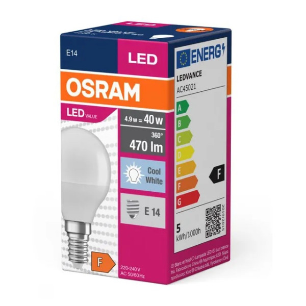 Żarówka LED E14 4,9W (zamiennik 40W) 470lm - kulka 230V 4000K (neutralna-biała) - LED VALUE CL P 40 OSRAM