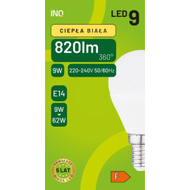 Żarówka LED G45 E14 9W ( 62W) KULKA 820lm 3000K INQ ELP048WW