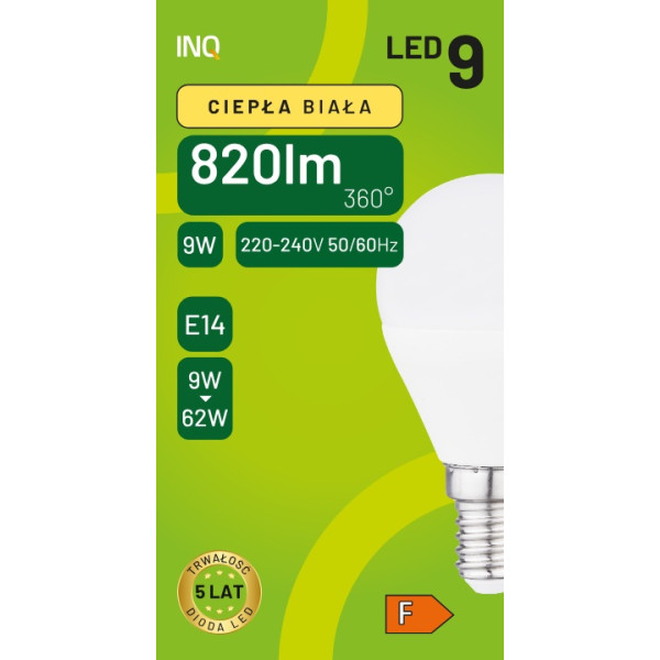 Żarówka LED G45 E14 9W ( 62W) KULKA 820lm 3000K INQ ELP048WW