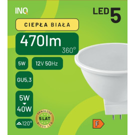 Żarówka LED MR16 5W (  40W) 470lm 12V 3000K (ciepło-biała) 120st. GU5,3 - ELR130WW INQ