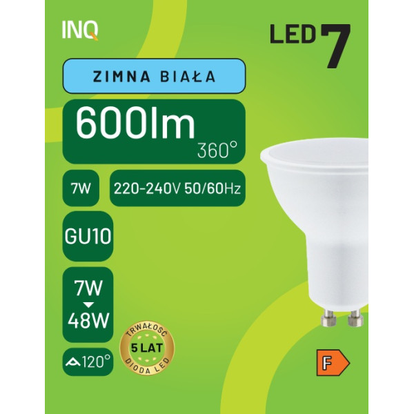 Żarówka LED MR16 GU10 7W 600lm 6000K INQ MR035CW
