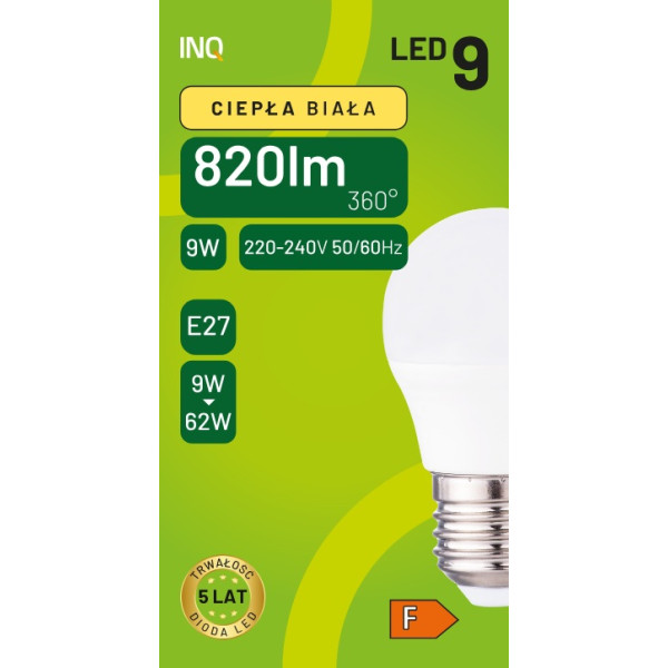 Żarówka LED G45 E27 9W KULKA 820lm 3000K INQ ELP094WW