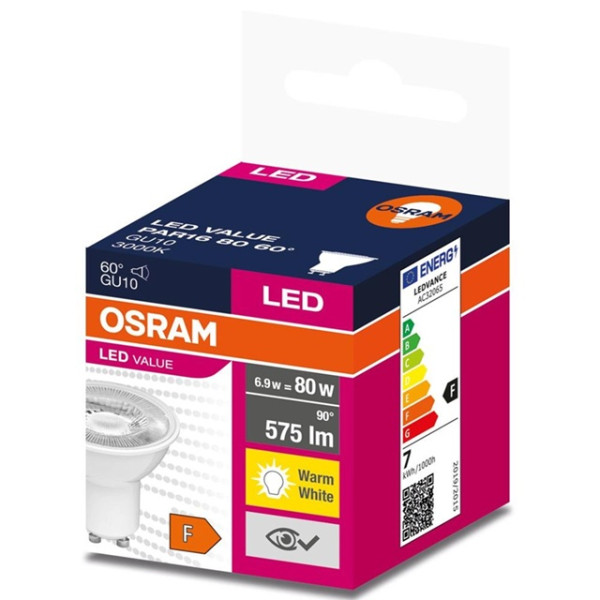 Żarówka LED GU10 6,9W - 230V 3000K (ciepło-biała) 60 stopni - LED VALUE PAR16 80 OSRAM