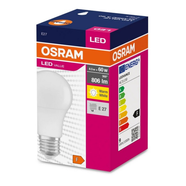 Żarówka LED E27 8,5W (zamiennik 60W) 806lm - A60 230V 2700K (ciepło-biała) - LED VALUE CLA60 OSRAM Żarówka LED E27 8,5W (zamiennik 60W) 806lm - A60 230V 2700K (ciepło-biała) - LED VALUE CLA60 OSRAM