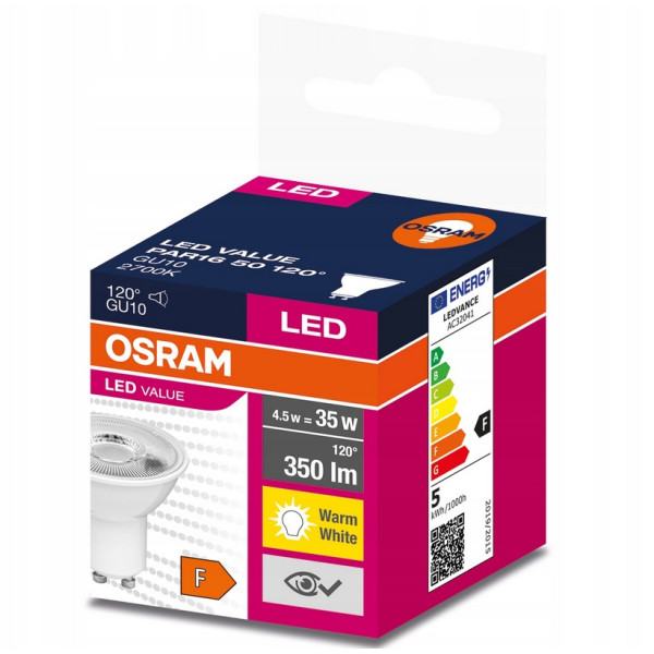 Żarówka LED GU10 4,5W 350lm - 230V 2700K (ciepło-biała) 120 stopni - LED VALUE PAR16 50 OSRAM