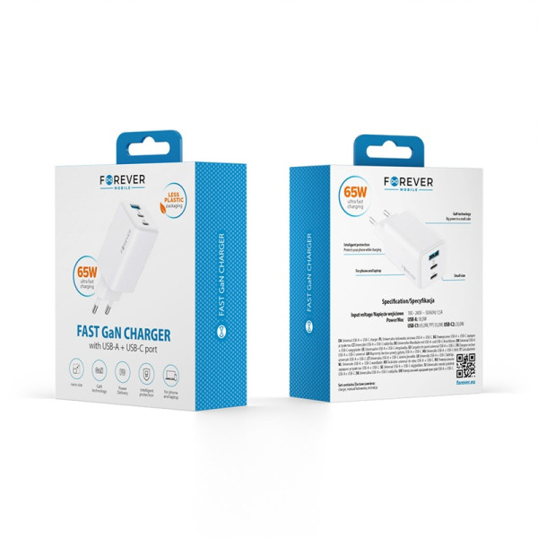 Ładowarka sieciowa 65W 1x USB + 2x USB-C - GaN PD QC TC-08-65ACC Forever