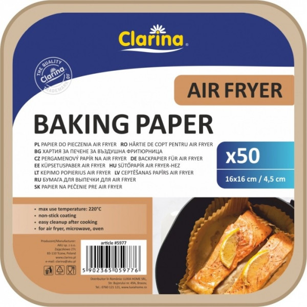 Wkład do frytkownicy beztłuszczowej (air fryer), papier do pieczenia 16x16cm /4,5cm, 220st.C, kpl 50 szt. Clarina 5977