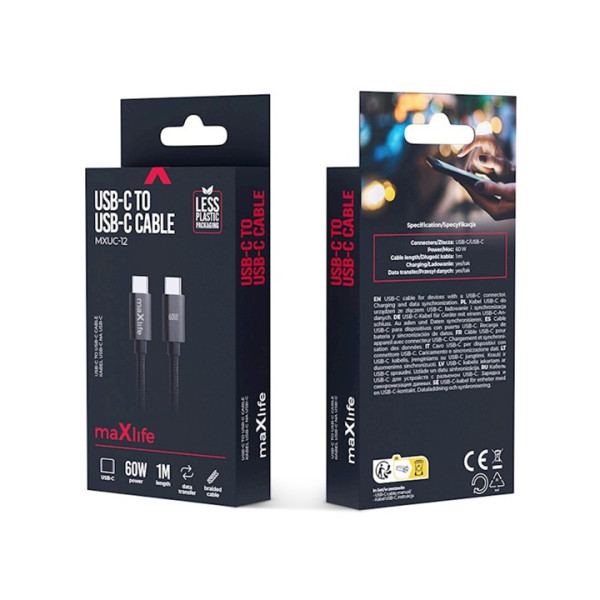 Kabel USB-C - USB-C 1,0m szybkie ładowanie 60W czarny - MXUC-12 Maxlife 