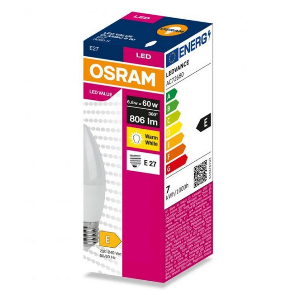 Żarówka LED E27 6,8W ( 60W) 806lm 230V 3000K (ciepło-biała) - LED VALUE OSRAM