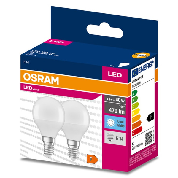 Żarówka LED kulka E14 4,9W ( 40W) 470lm 230V 4000K (neutralna-biała) - LED VALUE OSRAM (cena za 2 sztuki)