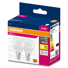 Żarówka LED kulka E14 4,9W ( 40W) 470lm 230V 3000K (ciepło-biała) - LED VALUE OSRAM (cena za 2 sztuki)