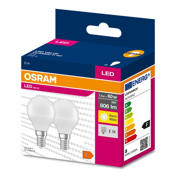 Żarówka LED kulka E14 6,5W ( 60W) 806lm 230V 3000K (ciepło-biała) - LED VALUE OSRAM (cena za 2 sztuki)