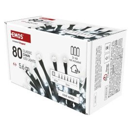 D4FC02 Lampki choinkowe LED Cluster, 80 LED 5,6 m, 3x AA, zimna biel, IP44, timer, 3xAA