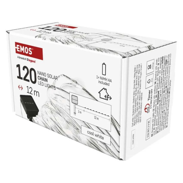 D3ZC01 20 LED nano łezki z panelem solarnym, miedź, 12 m, IP44, zimna biel, timer