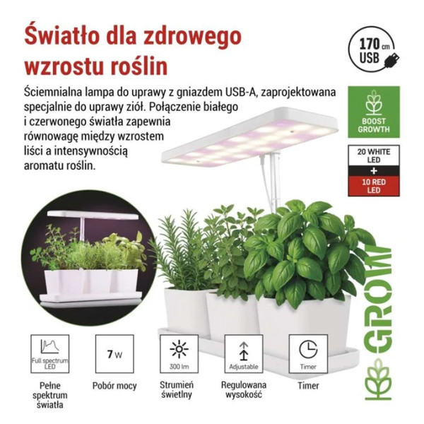 Z7904 Lampa LED GROW do uprawy roślin 7 W, timer, ściemnialna
