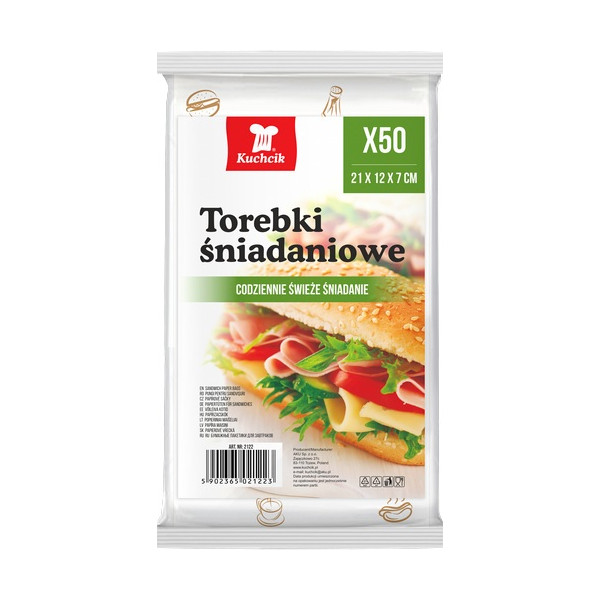 Kuchcik, Torebki śniadaniowe papierowe 21x12,5x7cm (50szt.) [2122]