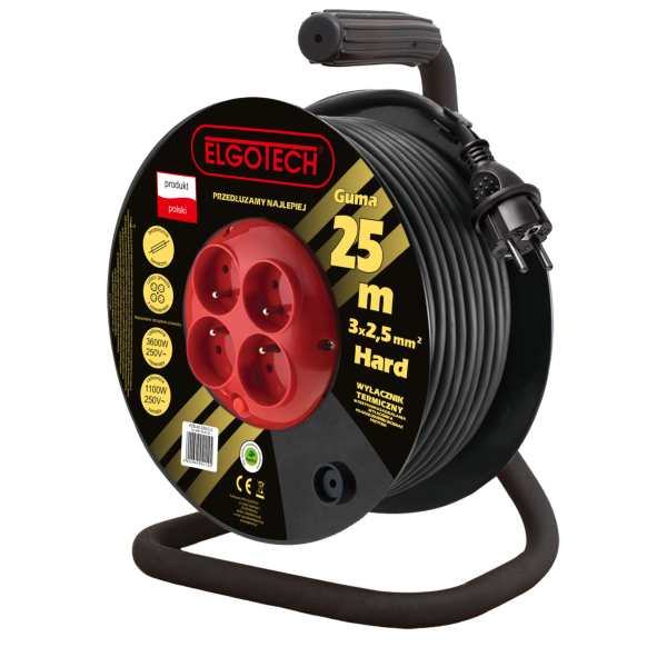 Przedłużacz bębnowy 25m guma 4-gniazda z/u 4x2P+Z 3x2,5mm2 - PZB-40-25G/2,5 Elgotech