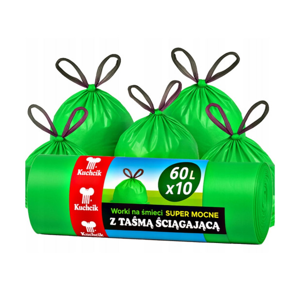 Kuchcik, Worki na śmieci 60L HDPE super mocne z taśmą ściągającą zielone, 10 szt, [2852]