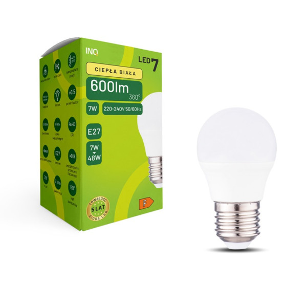 Żarówka LED G45 E27 7W KULKA 600lm 3000K INQ ELP085WW