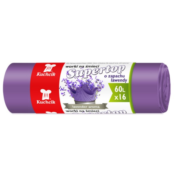 Kuchcik, Worki na śmieci HDPE o zapachu lawendy, wiązane 60L, 16 szt. [2884]