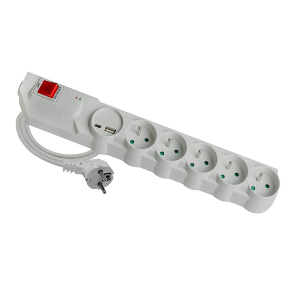 MPSF2U-505 Przedłużacz przeciwprzepięciowy, 5-krotny + "0", z resetem, 5m, szary z układem
